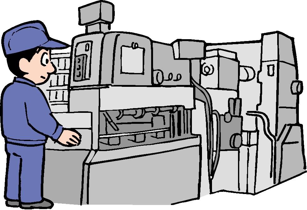 大きな機械の前で作業をする男性のイラスト