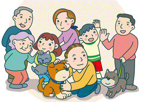 犬や猫をかわいがっている人たちの様子のイラスト