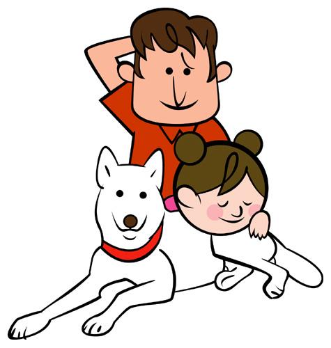 家族が犬に寄り添っているイラスト
