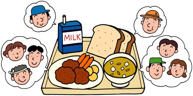 給食のトレーに並ぶ各食品の生産者をイメージさせるイラスト