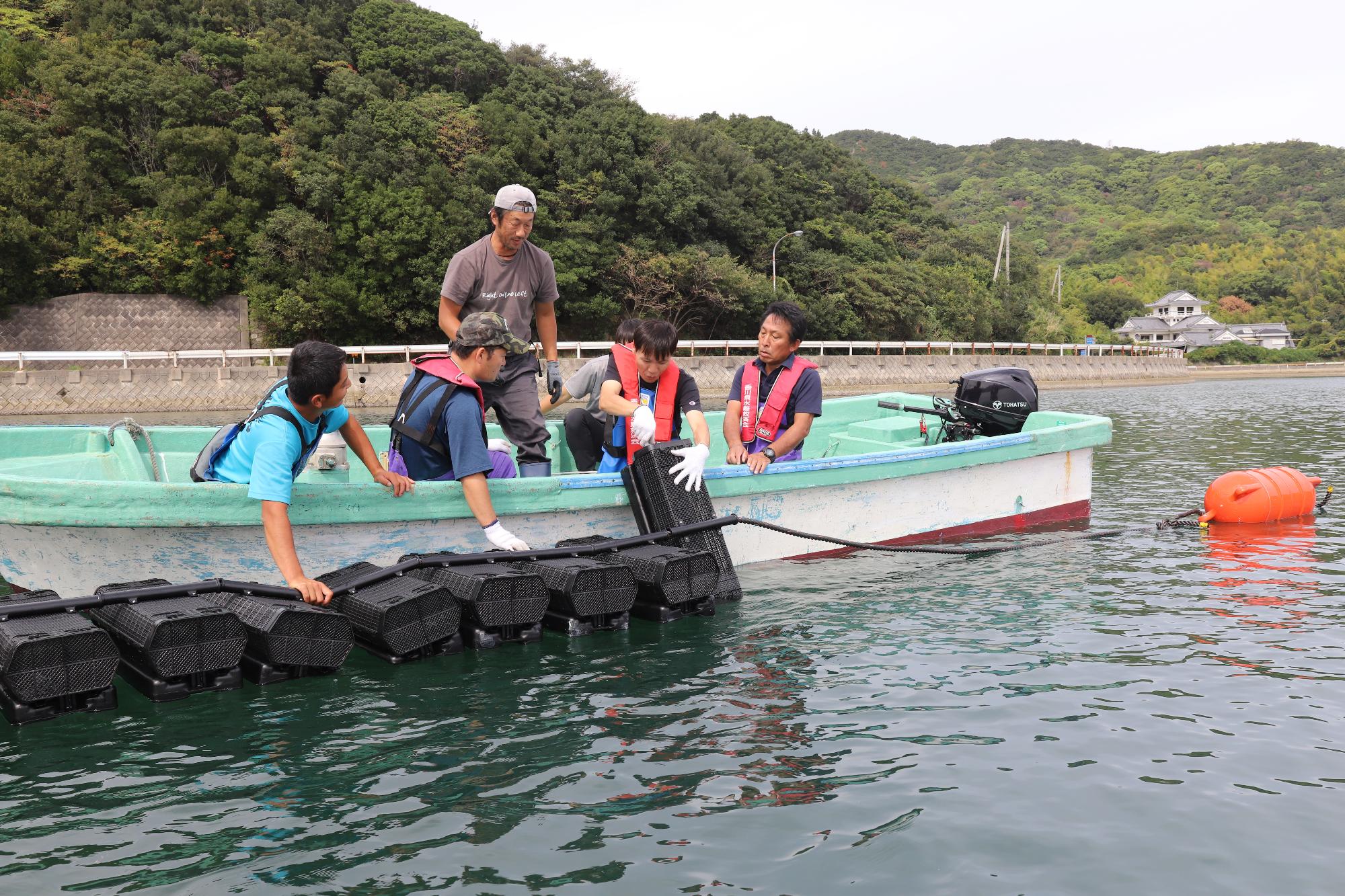 カキ試験養殖 海上にて