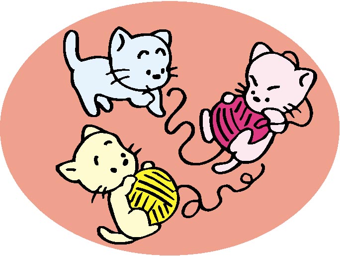 毛糸の玉であそぶ三匹の猫のイラスト