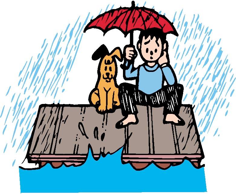 雨の中、屋根の上で傘をさして座る男性と犬のイラスト