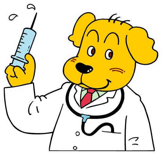 犬が白衣を着て注射器を持っているイラスト