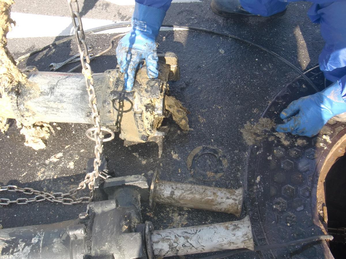 道路の排水ますに詰まった異物を作業員が取り除いている様子の写真