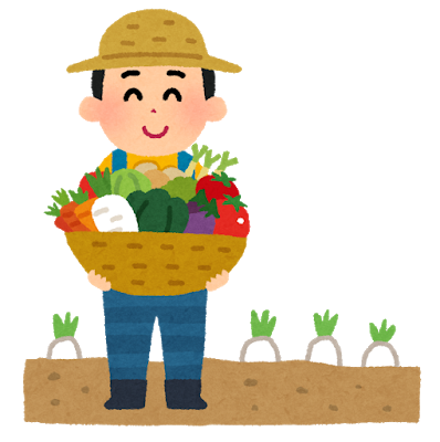 麦わら帽子を被った男性が野菜がたくさん入ったカゴを持ち畑に立っている様子のイラスト