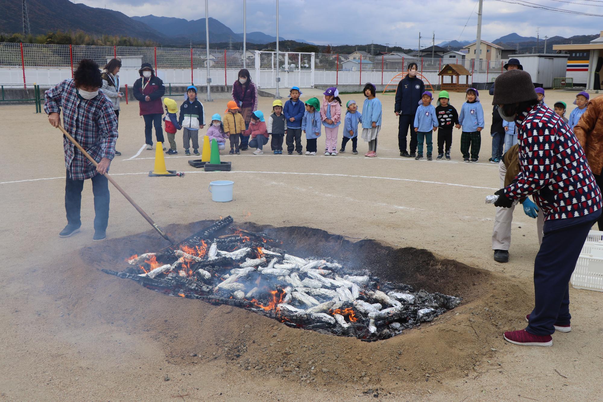 引田こども園で焼き芋作り