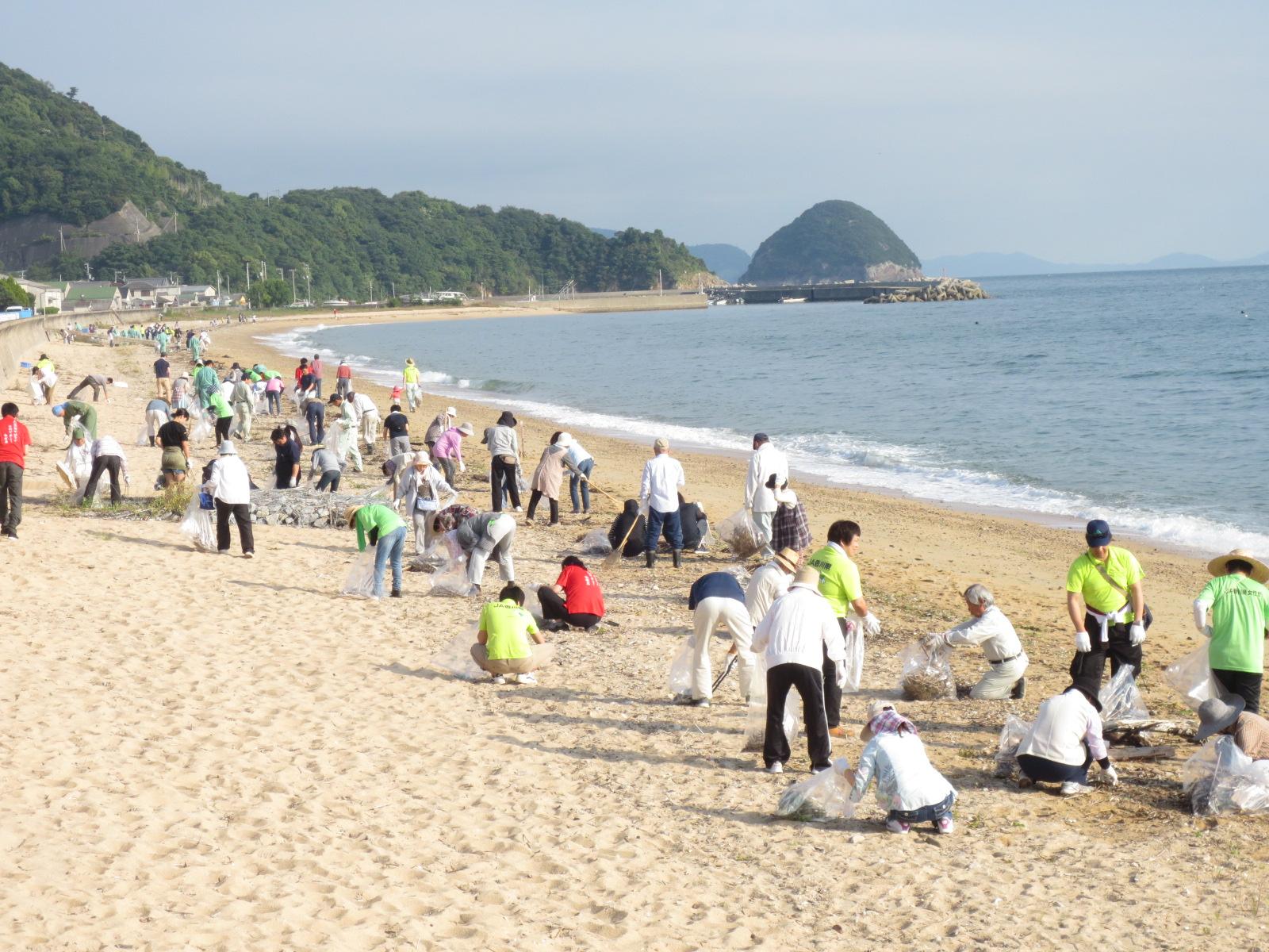 浜辺でゴミを拾う大勢の参加者たちの写真